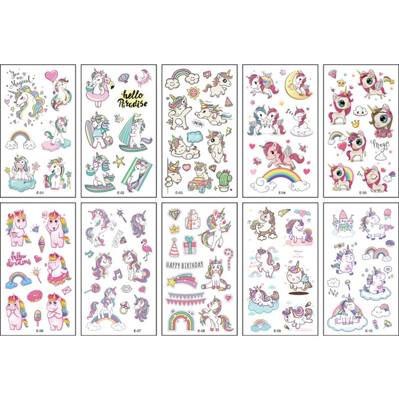 10Sheets/lot Children Cute Cartoon Unicorn Temporary Tattoo Stickers Baby Shower Kids Body Makeup Sticker Tattoos Mermaid Party