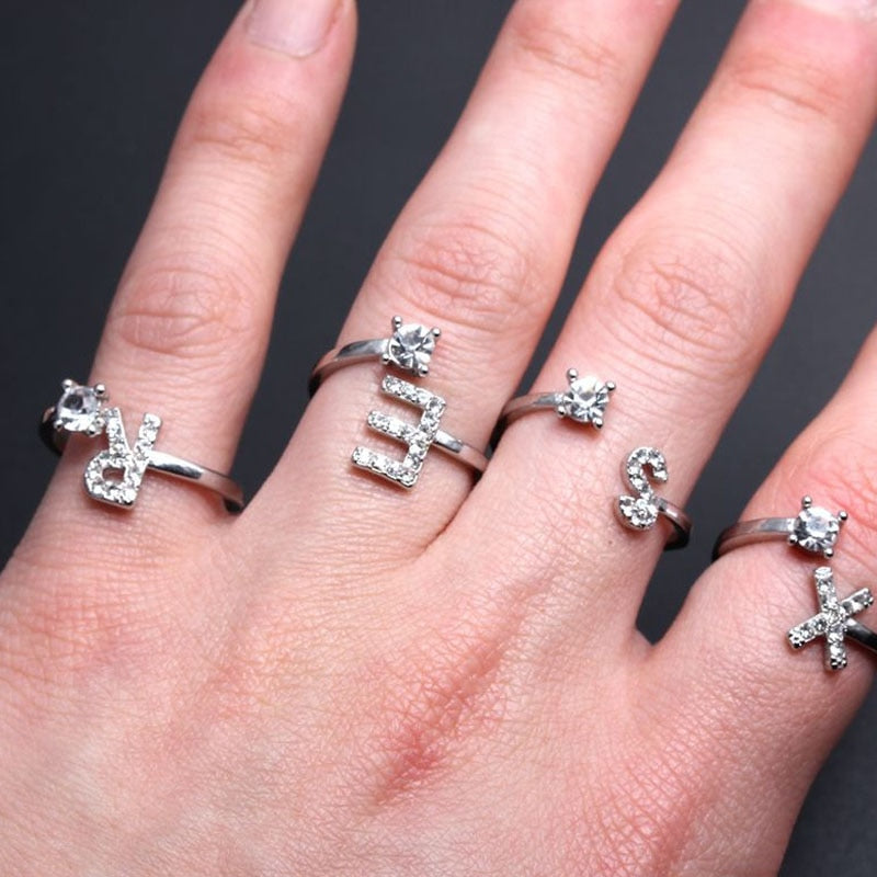 1PC Shining Rhinestone Mosaic 26 Letters Initial Ring New Fashion Opening Cuff Ring For Women Charm Jewelry Gift