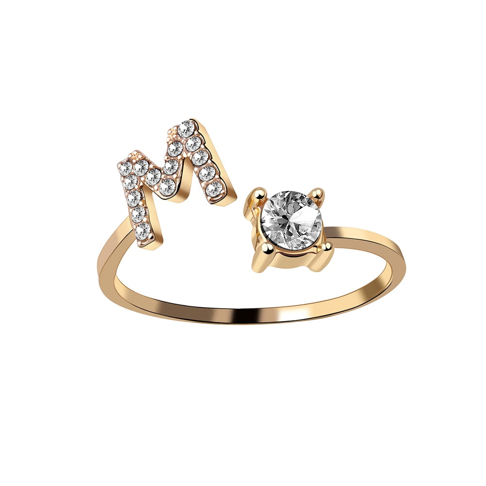 1PC Shining Rhinestone Mosaic 26 Letters Initial Ring New Fashion Opening Cuff Ring For Women Charm Jewelry Gift