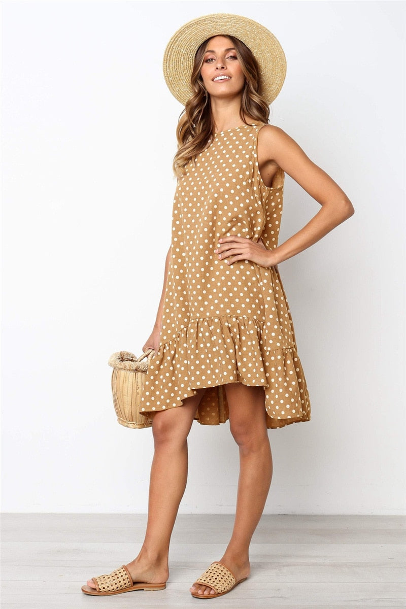 Robe à volants pour femmes, tenue décontractée, Slim, mince, plage, fête, col rond, Mini, motifs à pois, printemps, été, 2021