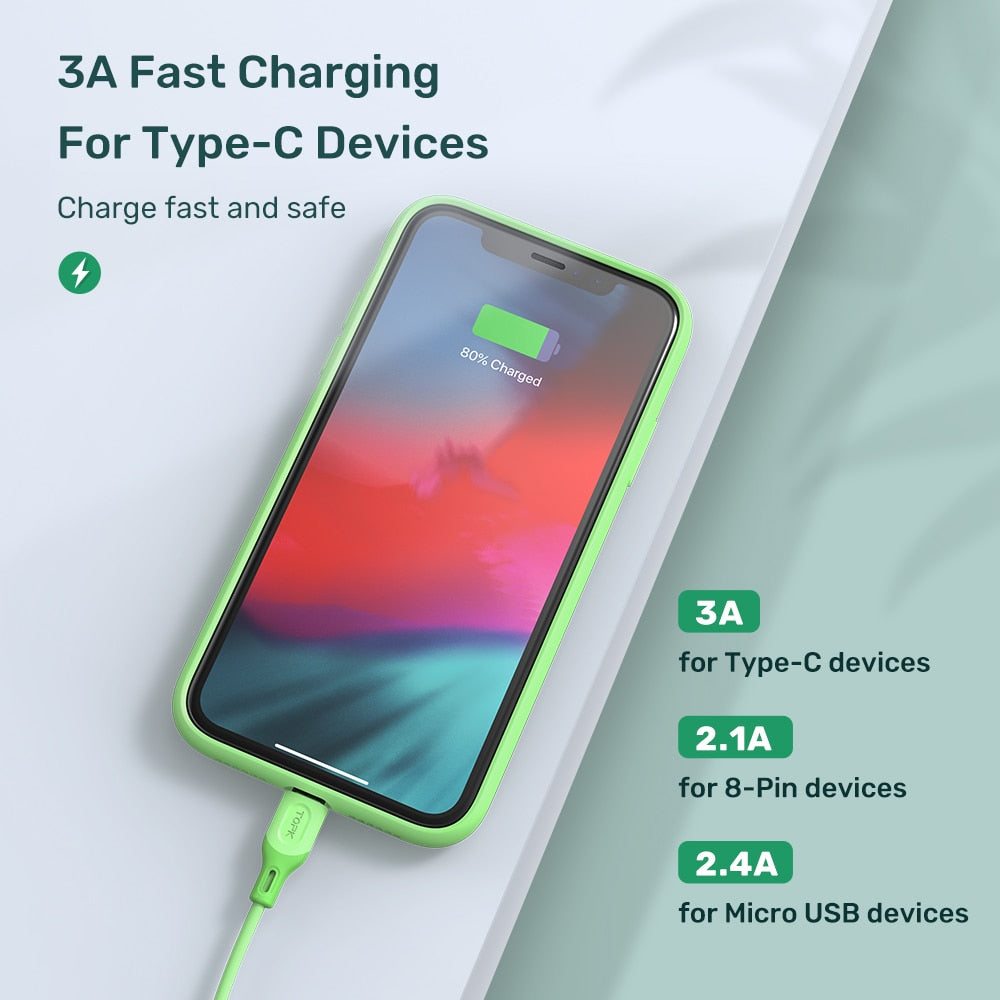 TOPK AN84 مايكرو USB نوع C كابل ل شاومي redmi نوت 9 3A شحن سريع السائل سيليكون الهاتف المحمول كابل البيانات لسامسونج
