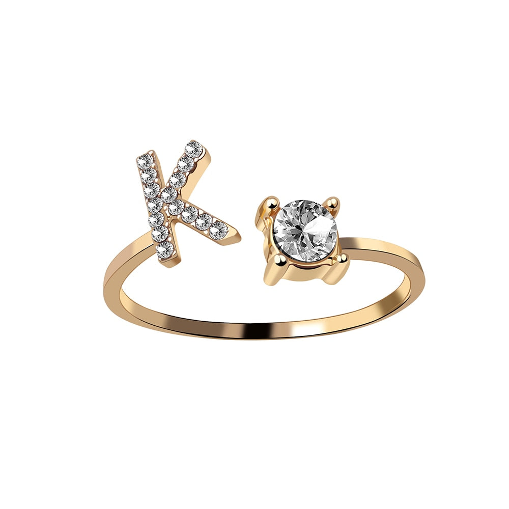 1PC Shining Rhinestone Mosaic 26 Letters Initial Ring New Fashion Opening Cuff Ring For Women Charm Jewelry Gift