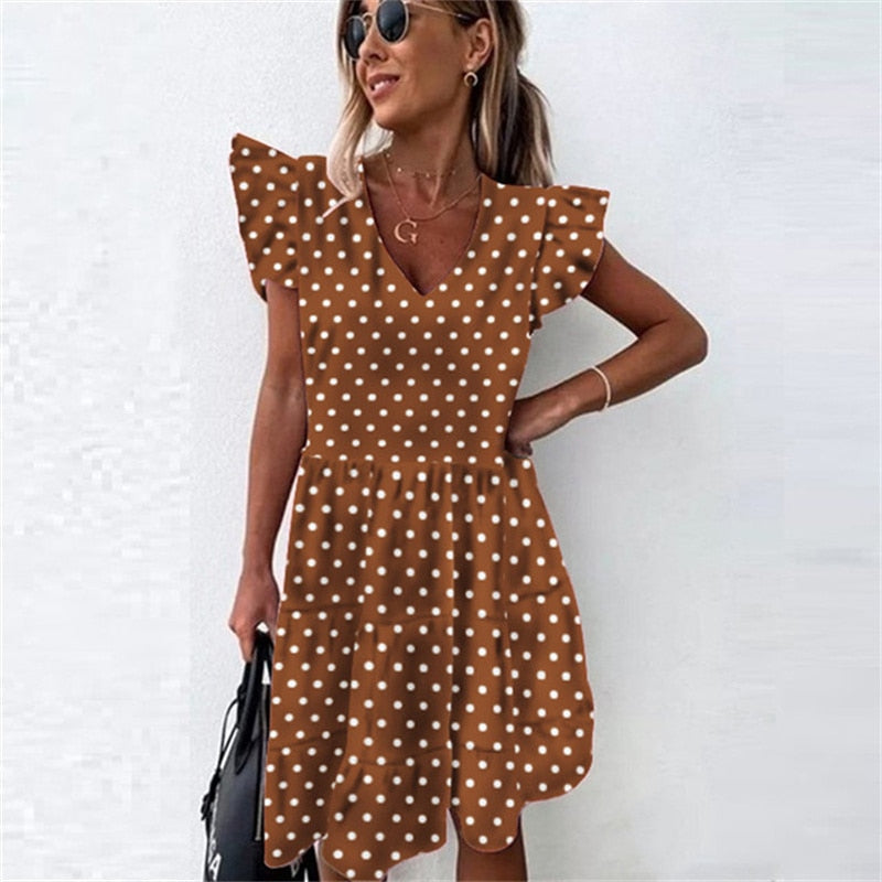 Robe à volants pour femmes, tenue décontractée, Slim, mince, plage, fête, col rond, Mini, motifs à pois, printemps, été, 2021