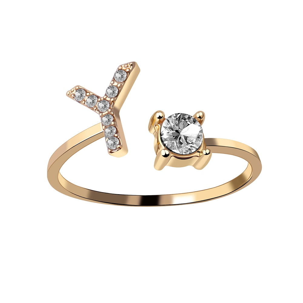 1PC Shining Rhinestone Mosaic 26 Letters Initial Ring New Fashion Opening Cuff Ring For Women Charm Jewelry Gift