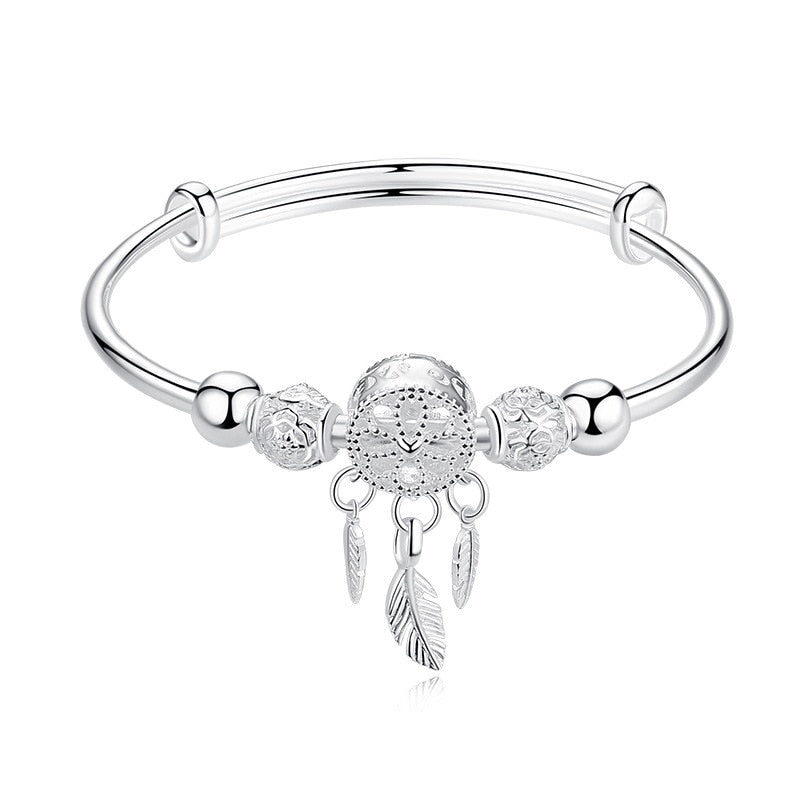 Adjustable Silver Color Dreamcatcher Tassel Feather Round Bead Charm Bracelet &amp;Bangle For Women Elegant Jewelry sl209
