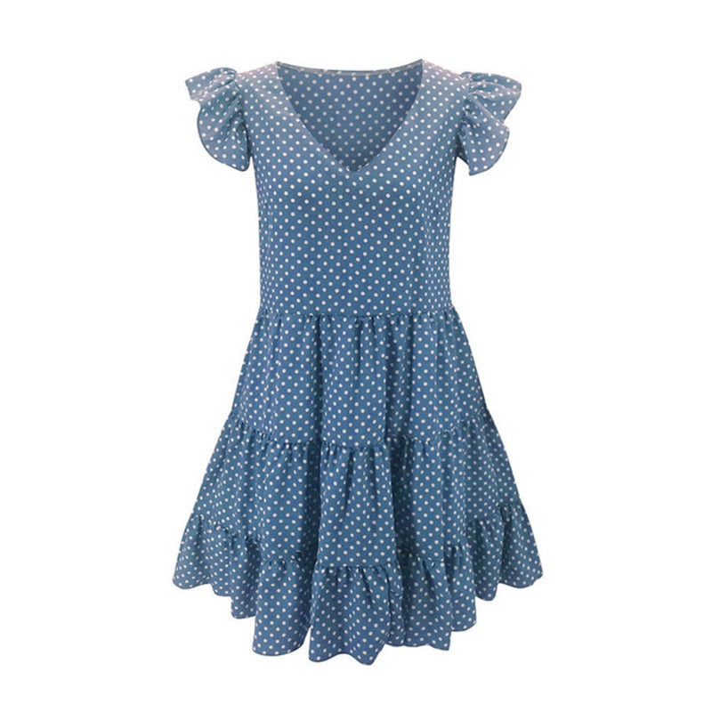Robe à volants pour femmes, tenue décontractée, Slim, mince, plage, fête, col rond, Mini, motifs à pois, printemps, été, 2021