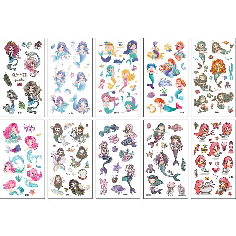 10Sheets/lot Children Cute Cartoon Unicorn Temporary Tattoo Stickers Baby Shower Kids Body Makeup Sticker Tattoos Mermaid Party