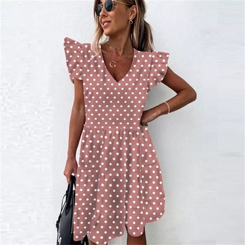 Robe à volants pour femmes, tenue décontractée, Slim, mince, plage, fête, col rond, Mini, motifs à pois, printemps, été, 2021