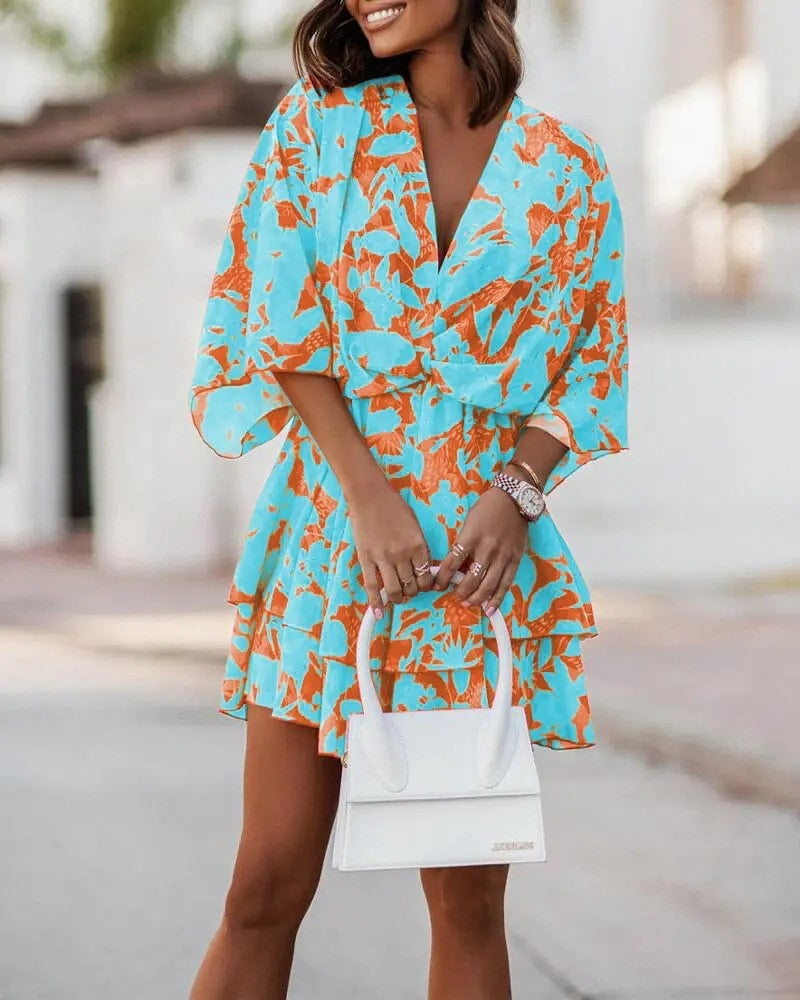 Women Sexy V Neck Mini Dresses Summer Boho Casual Floral Print Batwing Sleeve Dresses Female Ruffle Beach Party Dress Vestidos