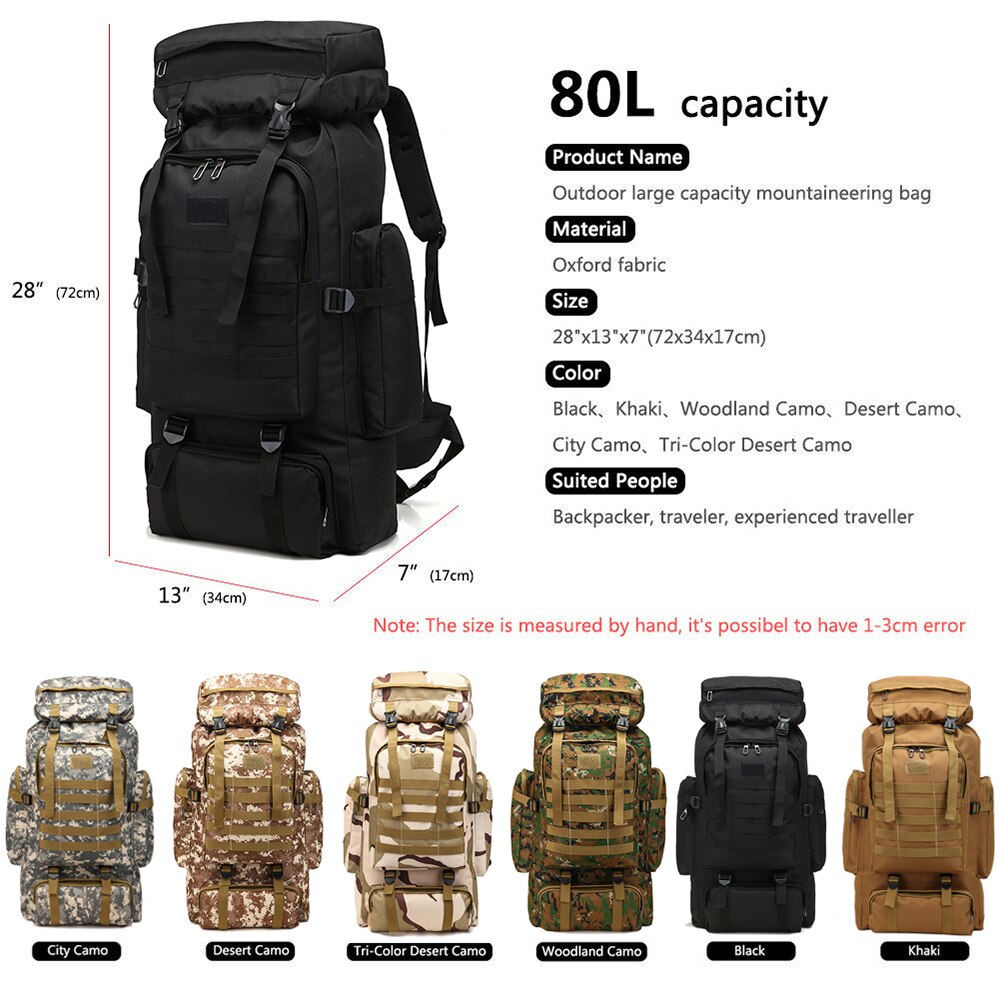 80L Outdoor Tactical Backpack Waterproof Large Sport survival gear Hiking Camping Military Bag Rucksack survival gear Camping
