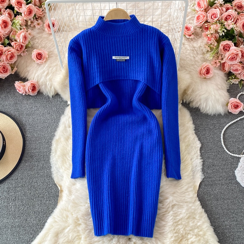Women Elegant Slim Two Piece Sets Female Sweater Dress Autumn Winter High Waist Knitted Ensemble Femme Medium Long Party Dresses