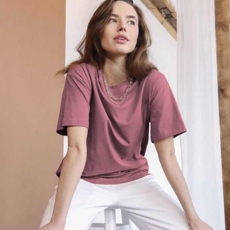 Hirsionsan Basic Cotton T Shirt Women Summer New Oversized Solid Tees 7 Color Casual Loose Tshirt Korean O Neck Female Tops