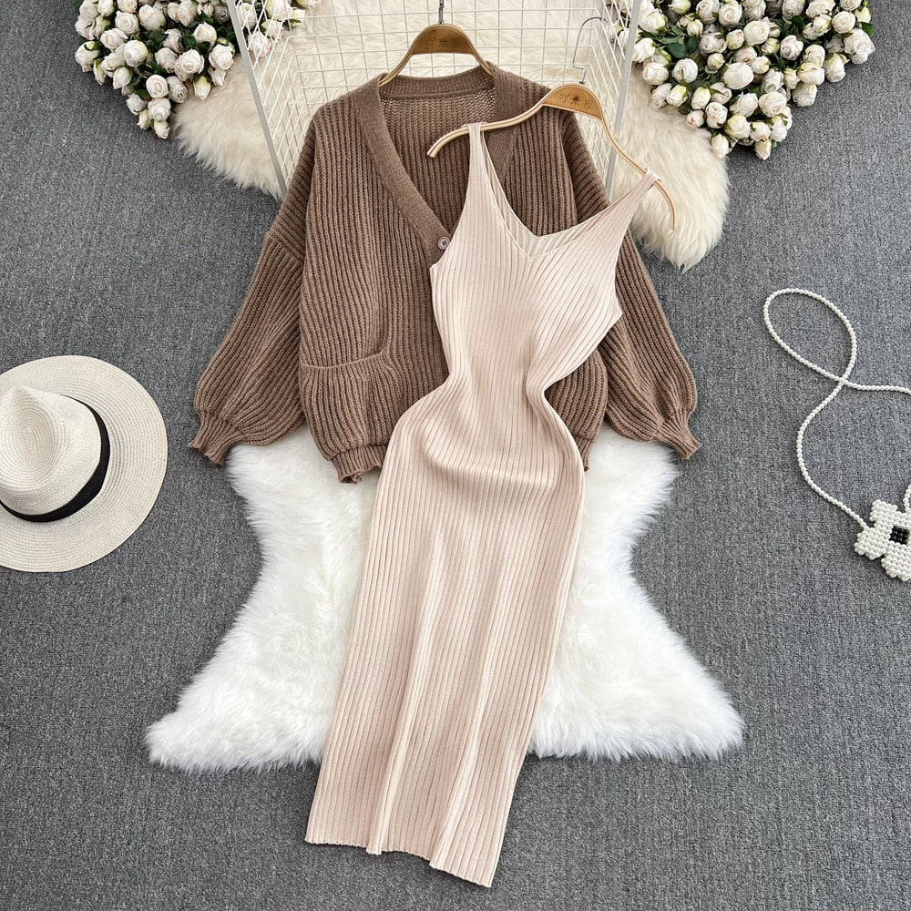 Women Elegant Slim Two Piece Sets Female Sweater Dress Autumn Winter High Waist Knitted Ensemble Femme Medium Long Party Dresses