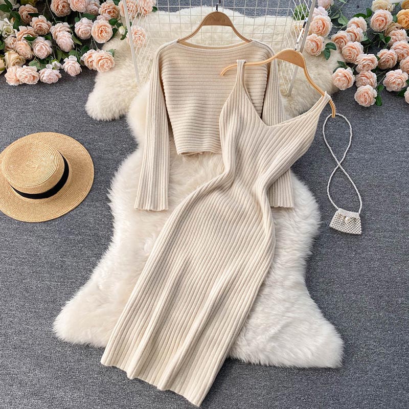 Women Elegant Slim Two Piece Sets Female Sweater Dress Autumn Winter High Waist Knitted Ensemble Femme Medium Long Party Dresses