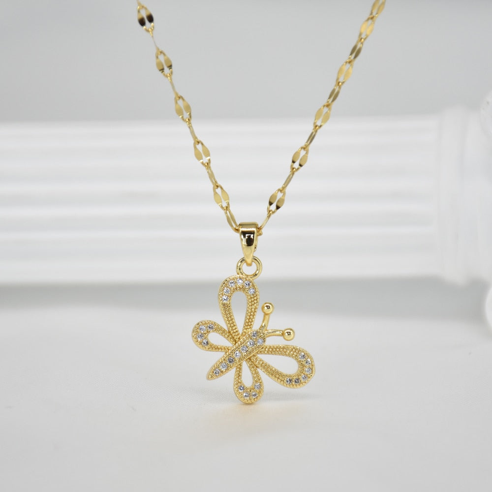 Gold Color Necklace for Women Zircon Jewelry Pendant Necklace Stainles Steel Mermaid Heart Butterfly Stainless Steel Sunflower