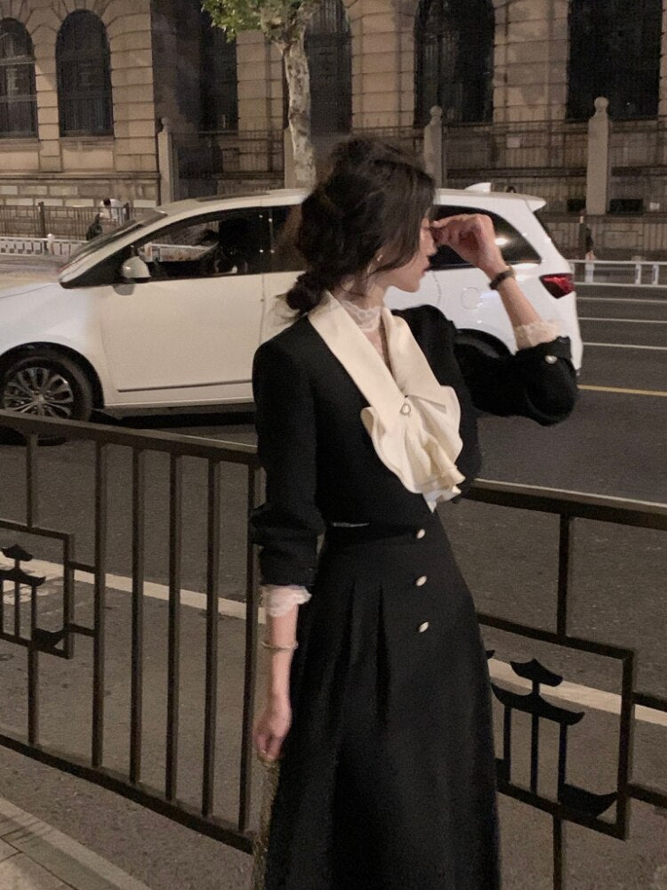 Elegant 2 Piece Dress Set Women Long Sleeve Crop Tops + Casual Black Midi Skirt 2022 Autumn Slim Retro Office Lady Korean Suits