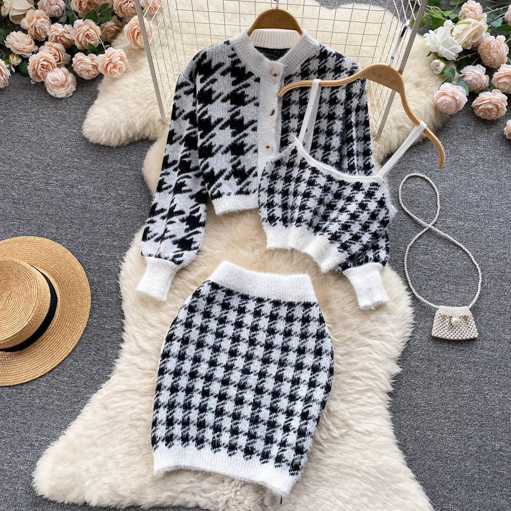 Women Elegant Slim Two Piece Sets Female Sweater Dress Autumn Winter High Waist Knitted Ensemble Femme Medium Long Party Dresses