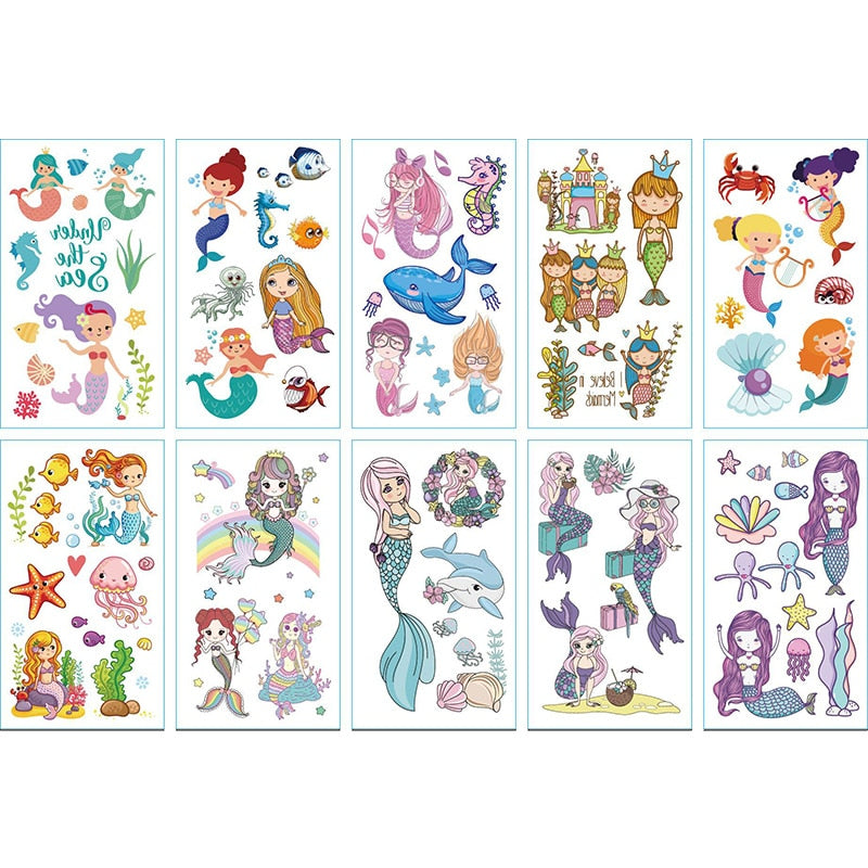 10Sheets/lot Children Cute Cartoon Unicorn Temporary Tattoo Stickers Baby Shower Kids Body Makeup Sticker Tattoos Mermaid Party