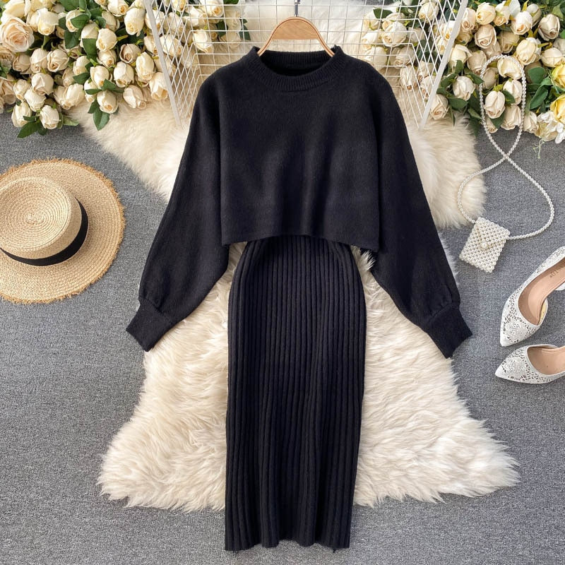 Women Elegant Slim Two Piece Sets Female Sweater Dress Autumn Winter High Waist Knitted Ensemble Femme Medium Long Party Dresses