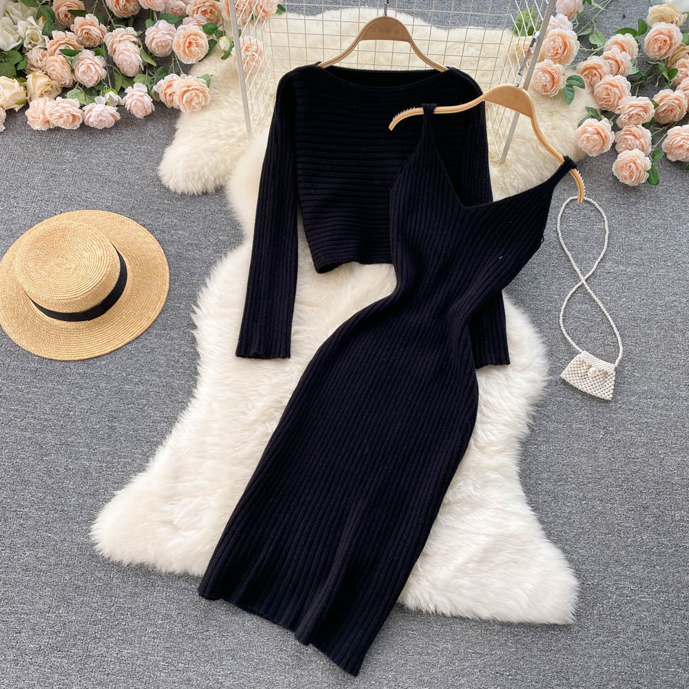 Women Elegant Slim Two Piece Sets Female Sweater Dress Autumn Winter High Waist Knitted Ensemble Femme Medium Long Party Dresses