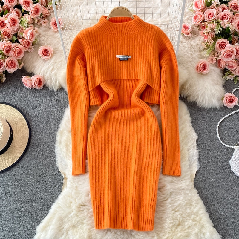 Women Elegant Slim Two Piece Sets Female Sweater Dress Autumn Winter High Waist Knitted Ensemble Femme Medium Long Party Dresses