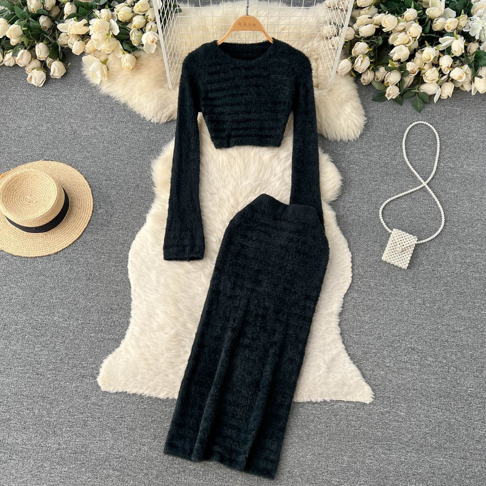 Women Elegant Slim Two Piece Sets Female Sweater Dress Autumn Winter High Waist Knitted Ensemble Femme Medium Long Party Dresses