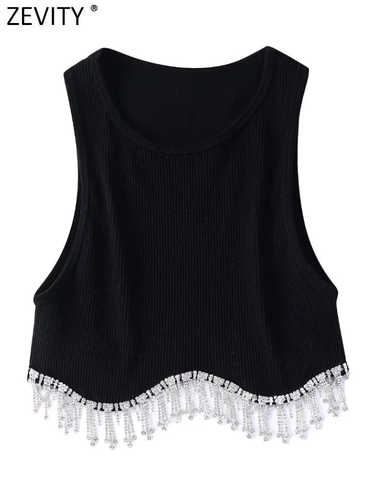 Zevity Women High Street Sexy Hem Tassel Diamond Beading Knitting T Shirt Chic Short Camis Tank Lady Slim Crop Vest Tops LS1311
