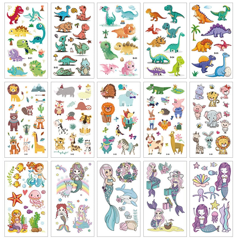 10Sheets/lot Children Cute Cartoon Unicorn Temporary Tattoo Stickers Baby Shower Kids Body Makeup Sticker Tattoos Mermaid Party