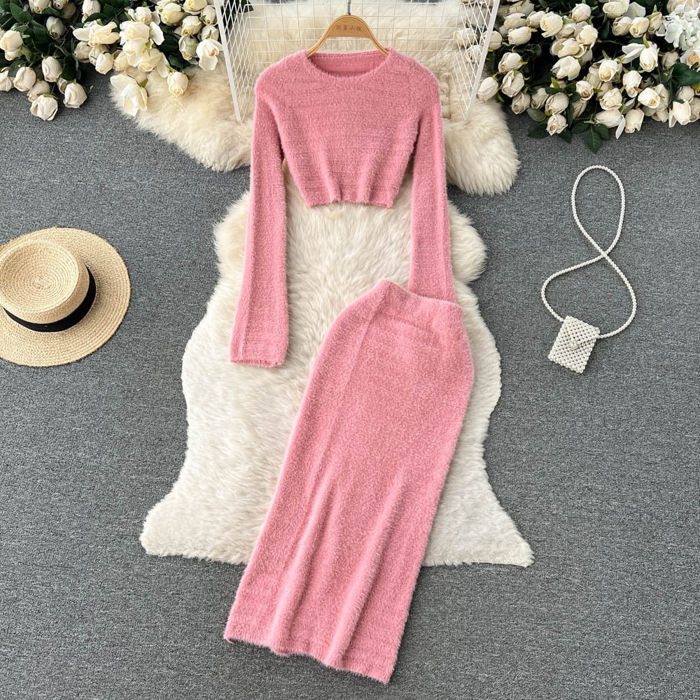 Women Elegant Slim Two Piece Sets Female Sweater Dress Autumn Winter High Waist Knitted Ensemble Femme Medium Long Party Dresses