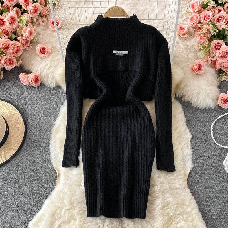Women Elegant Slim Two Piece Sets Female Sweater Dress Autumn Winter High Waist Knitted Ensemble Femme Medium Long Party Dresses