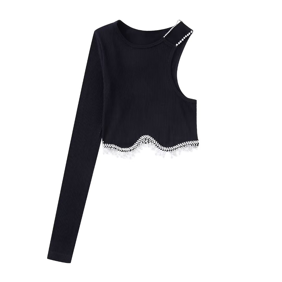 Zevity Women High Street Sexy Hem Tassel Diamond Beading Knitting T Shirt Chic Short Camis Tank Lady Slim Crop Vest Tops LS1311