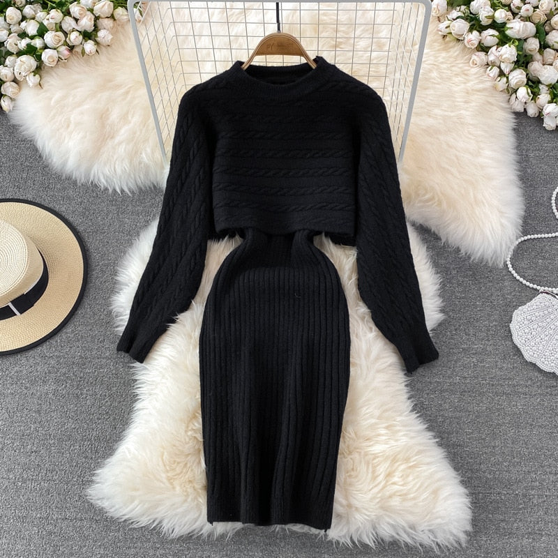 Women Elegant Slim Two Piece Sets Female Sweater Dress Autumn Winter High Waist Knitted Ensemble Femme Medium Long Party Dresses