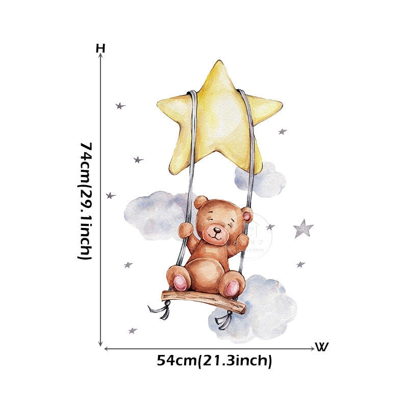 Cartoon Teddy Bear Sleeping on the Moon and Stars Wall Stickers for Kids Room Baby Room Decoration Wall Decals Room Interior