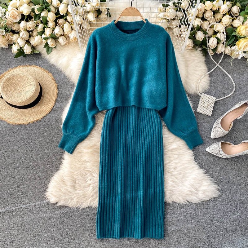 Women Elegant Slim Two Piece Sets Female Sweater Dress Autumn Winter High Waist Knitted Ensemble Femme Medium Long Party Dresses