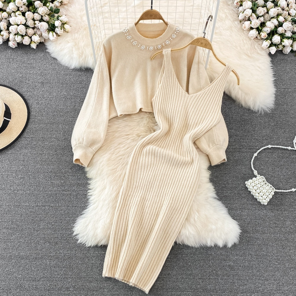 Women Elegant Slim Two Piece Sets Female Sweater Dress Autumn Winter High Waist Knitted Ensemble Femme Medium Long Party Dresses