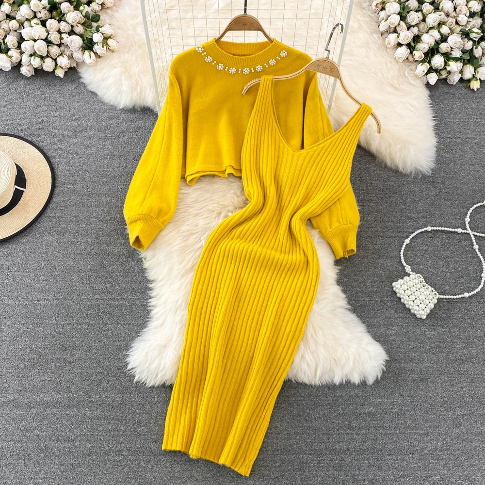 Women Elegant Slim Two Piece Sets Female Sweater Dress Autumn Winter High Waist Knitted Ensemble Femme Medium Long Party Dresses