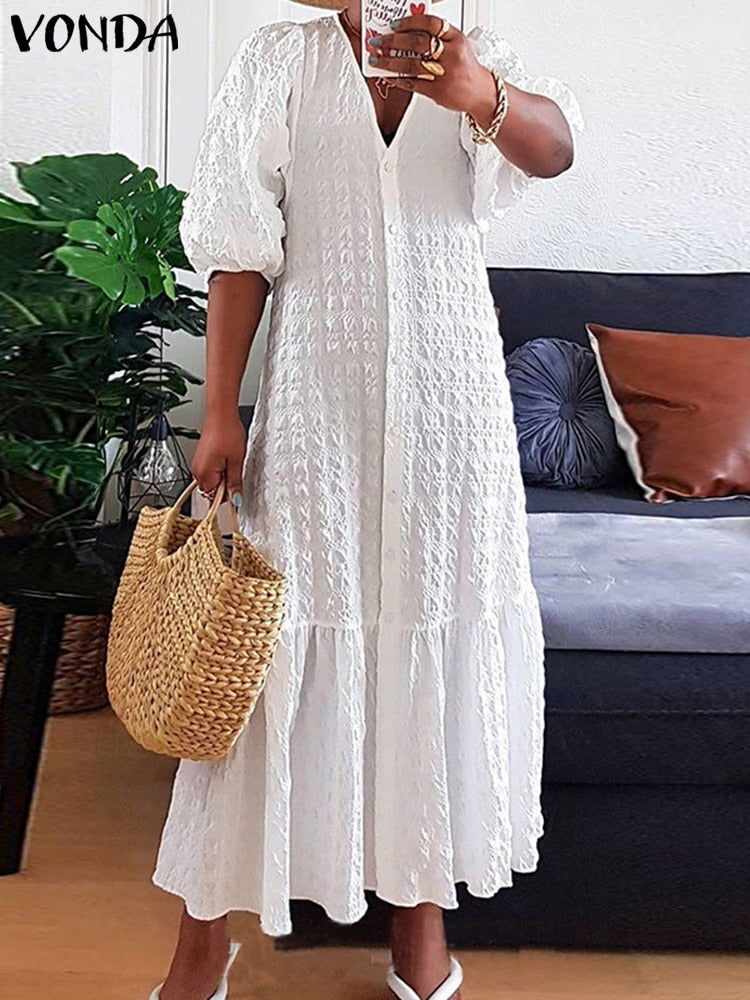 VONDA Plus Size 5XL Women Shirt Dress 2023 Autumn  Sexy V Neck Button Half Sleeve Long Maxi Vestidos Bohemian Elegant Party Robe