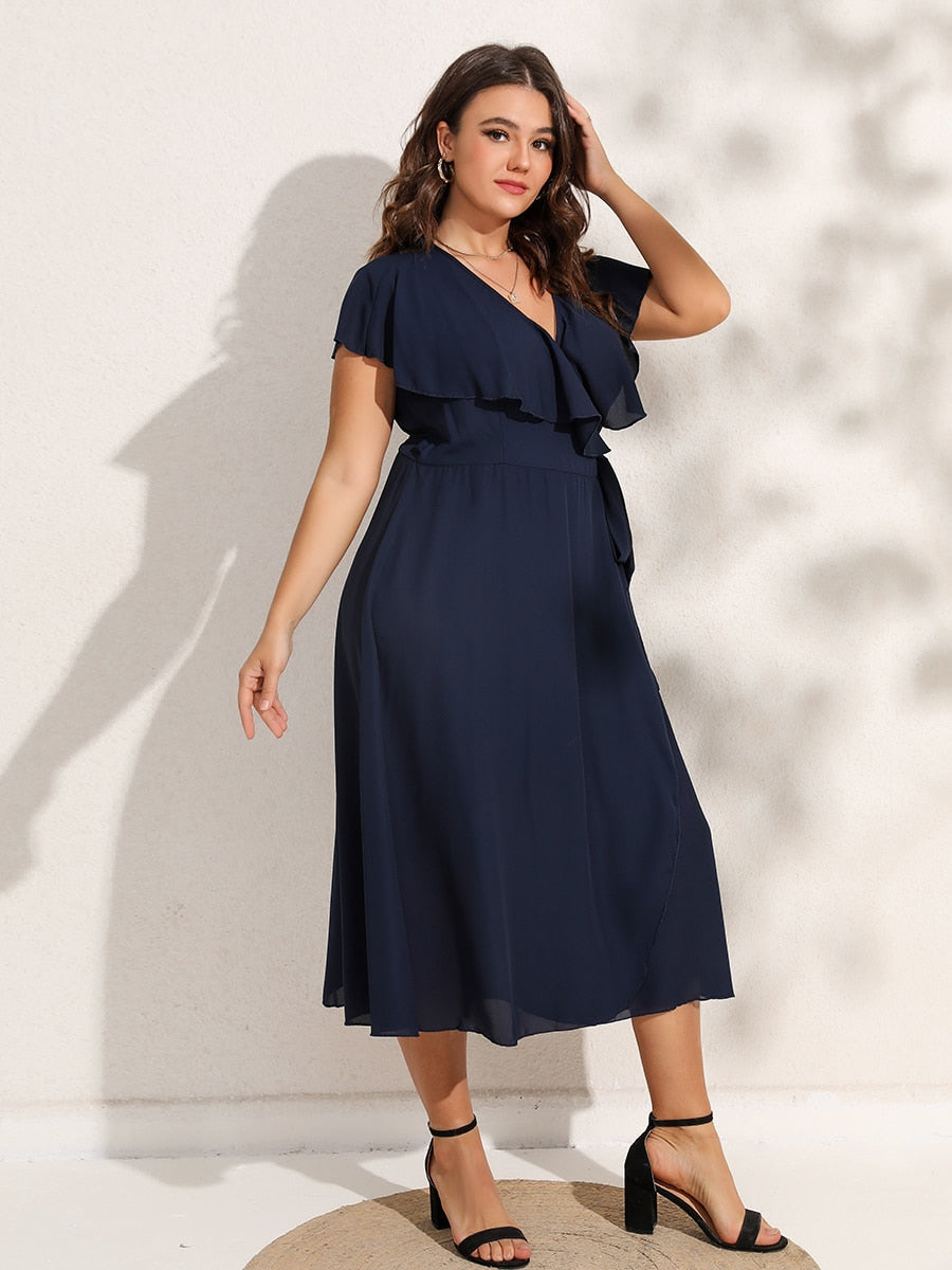 Finjani Party Dresses For Women 2022 Plus Size Summer Midi Dress V-Neck Solid Ruffle Sleeve Belted Wrap Dress