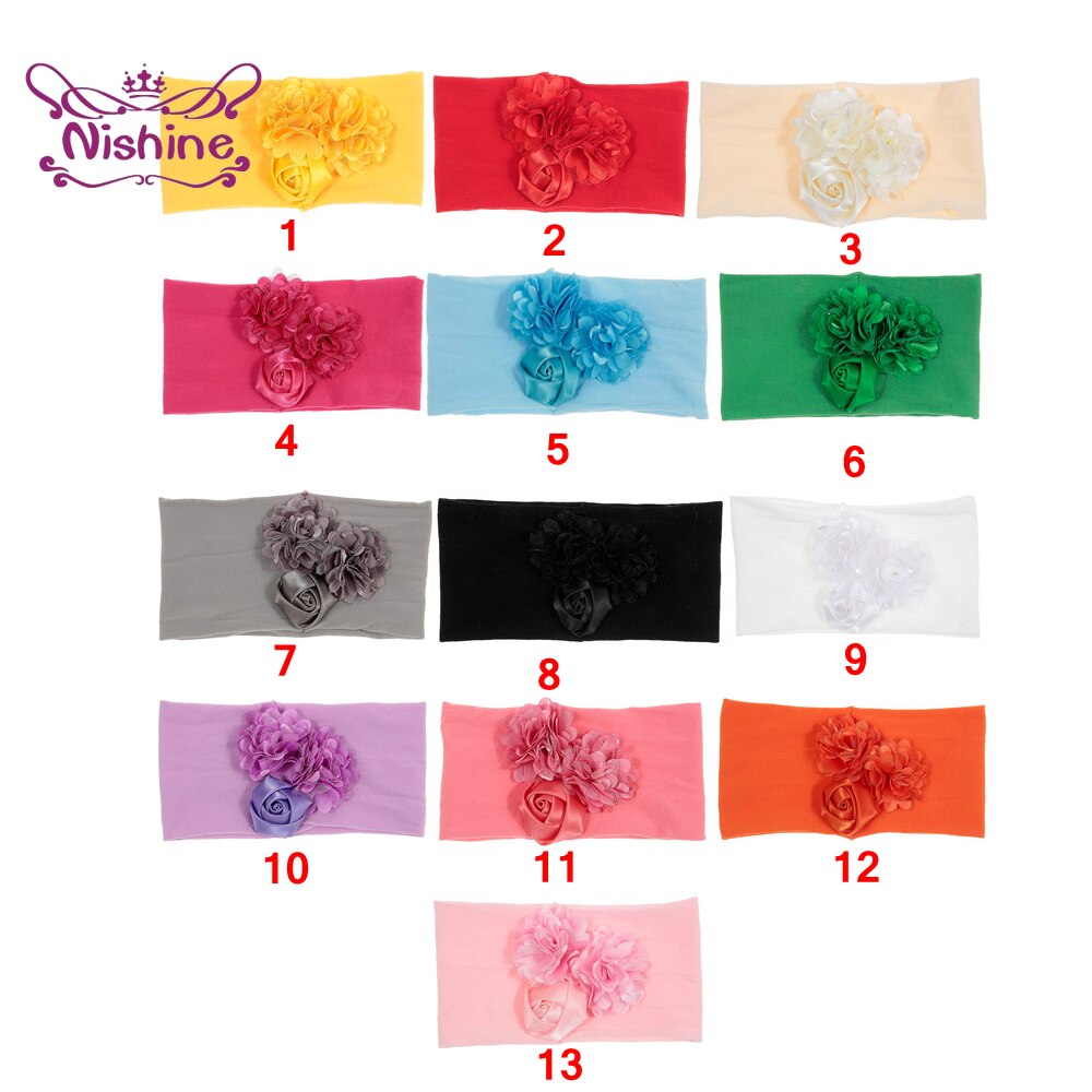 Nishine Soft Stretch Satin Rose Flower Baby Headband Newborn Knot Wide Nylon Headwraps Turban Girls Headwear Kids Photo Props
