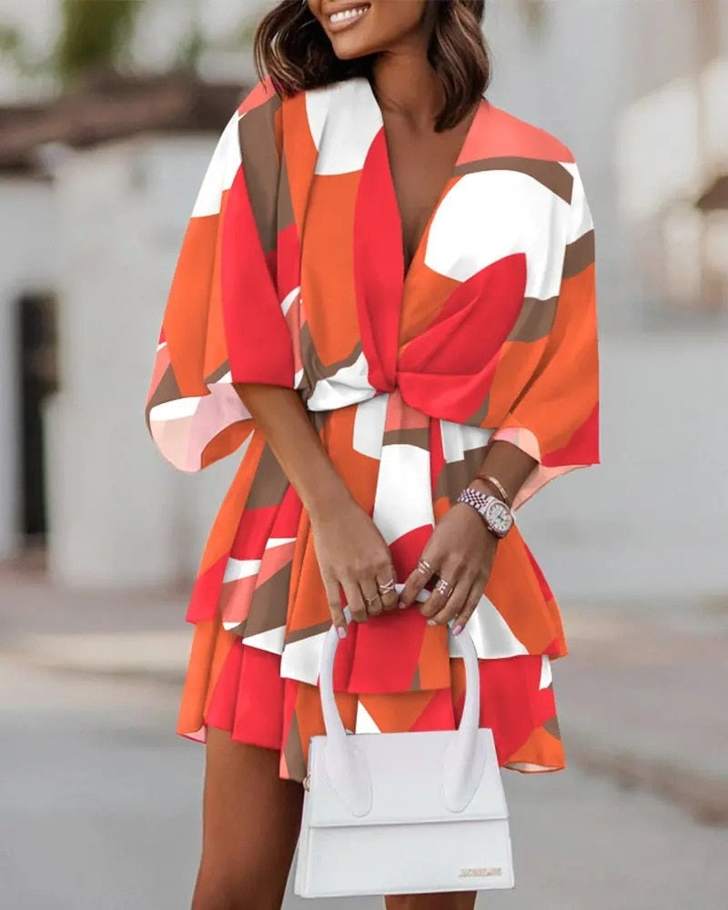 Women Sexy V Neck Mini Dresses Summer Boho Casual Floral Print Batwing Sleeve Dresses Female Ruffle Beach Party Dress Vestidos