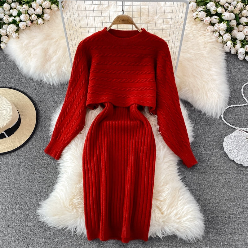 Women Elegant Slim Two Piece Sets Female Sweater Dress Autumn Winter High Waist Knitted Ensemble Femme Medium Long Party Dresses