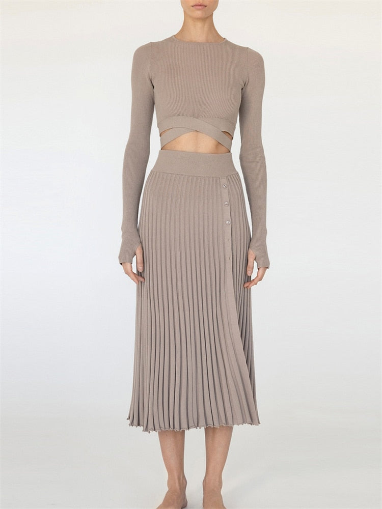 Tossy New White Knit Two Piece Women Sets Fall Ribbed Crop Top And Pleated Knitted Skirt Suits For Women Midi Dress Sets 2022