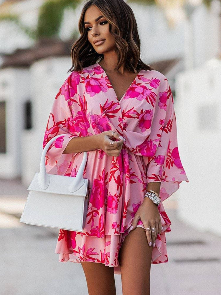 Women Sexy V Neck Mini Dresses Summer Boho Casual Floral Print Batwing Sleeve Dresses Female Ruffle Beach Party Dress Vestidos