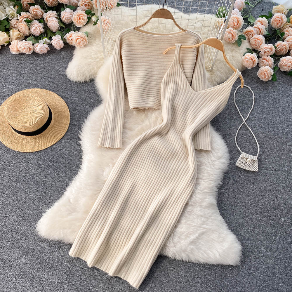 Women Elegant Slim Two Piece Sets Female Sweater Dress Autumn Winter High Waist Knitted Ensemble Femme Medium Long Party Dresses
