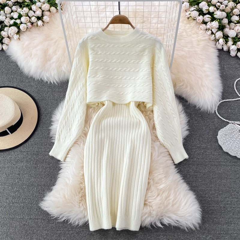 Women Elegant Slim Two Piece Sets Female Sweater Dress Autumn Winter High Waist Knitted Ensemble Femme Medium Long Party Dresses