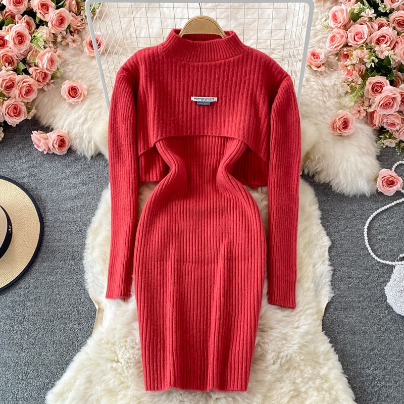 Women Elegant Slim Two Piece Sets Female Sweater Dress Autumn Winter High Waist Knitted Ensemble Femme Medium Long Party Dresses