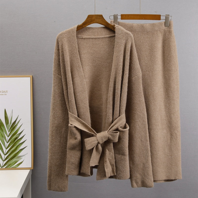 Hirsionsan Soft Vintage Lace Up Women Suits 2 Pieces Female Sets with Belt V Neck Cardigan &amp; Midi Dress Ladies Knitted TrackSuit