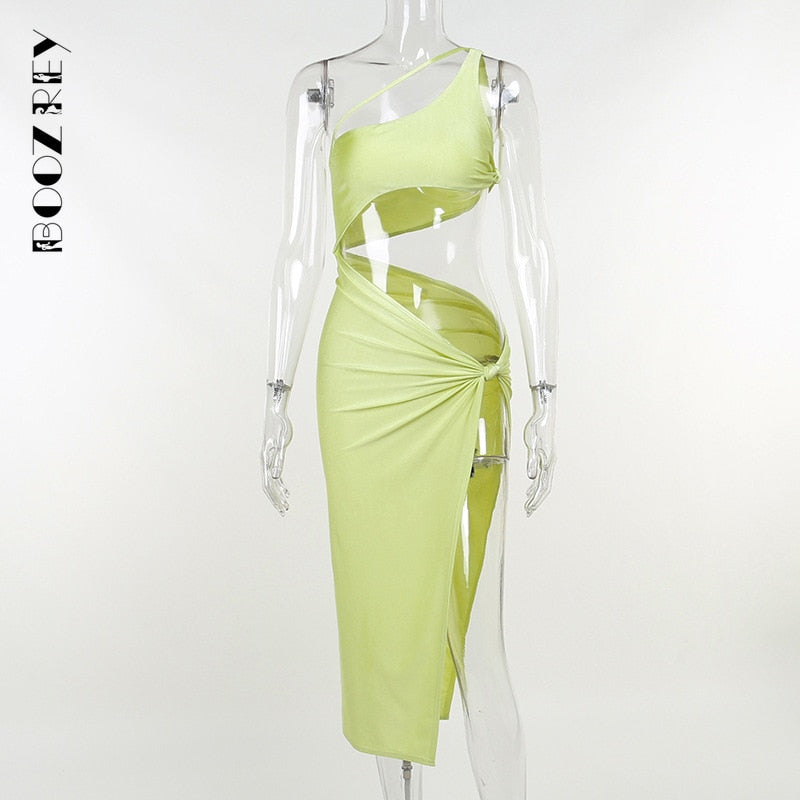 BoozRey Sexy One Shoulder Midi Dresses for Women Backless Split Club Party Hollow Cut Out 2022 Summer Sleeveless Birthday Dress