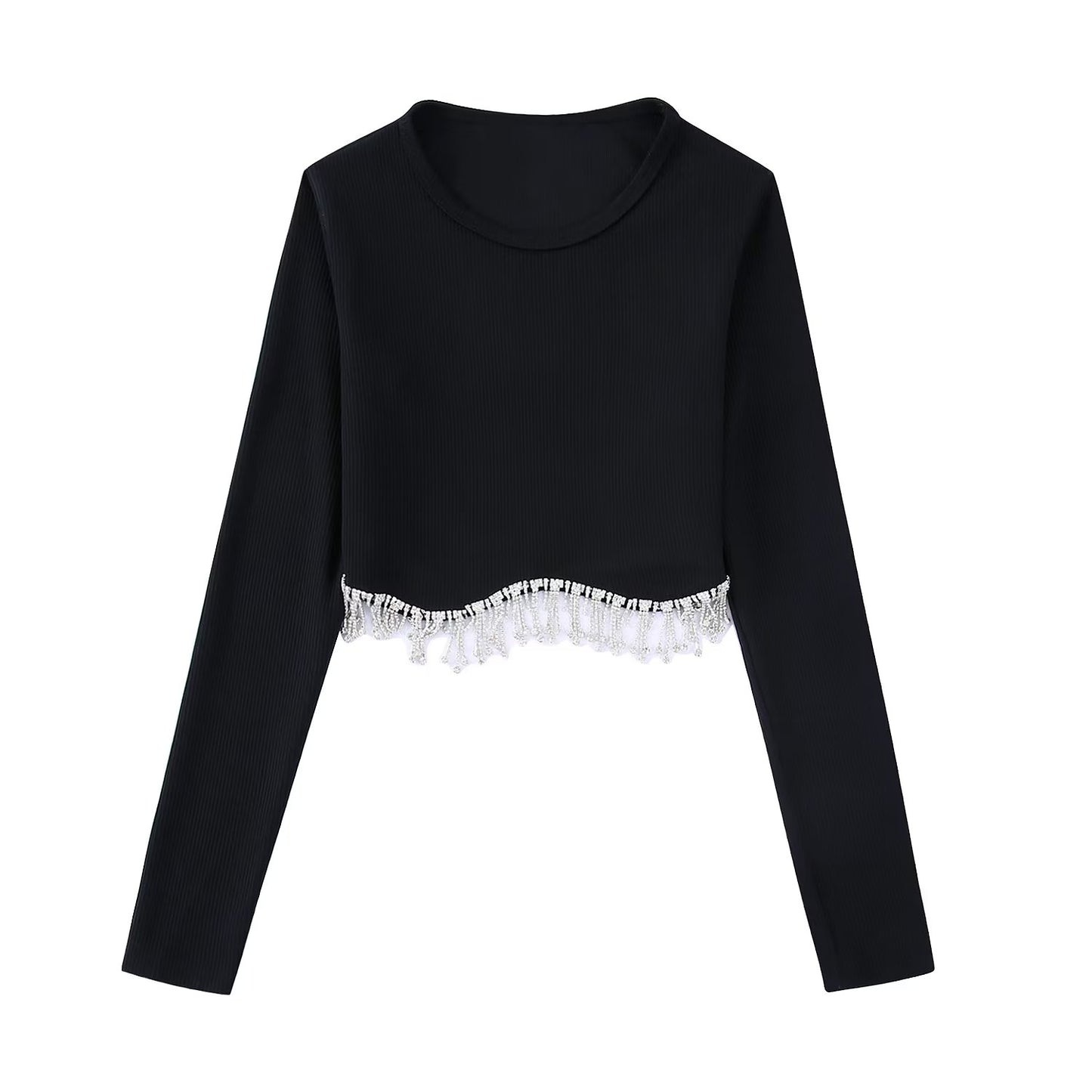 Zevity Women High Street Sexy Hem Tassel Diamond Beading Knitting T Shirt Chic Short Camis Tank Lady Slim Crop Vest Tops LS1311