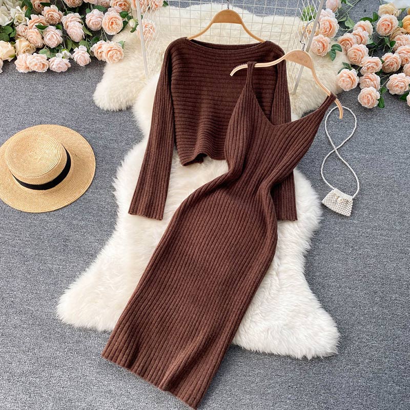 Women Elegant Slim Two Piece Sets Female Sweater Dress Autumn Winter High Waist Knitted Ensemble Femme Medium Long Party Dresses